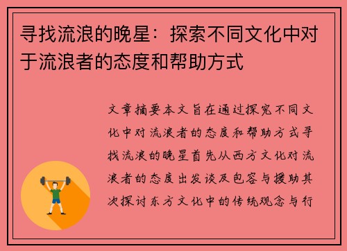 寻找流浪的晚星：探索不同文化中对于流浪者的态度和帮助方式